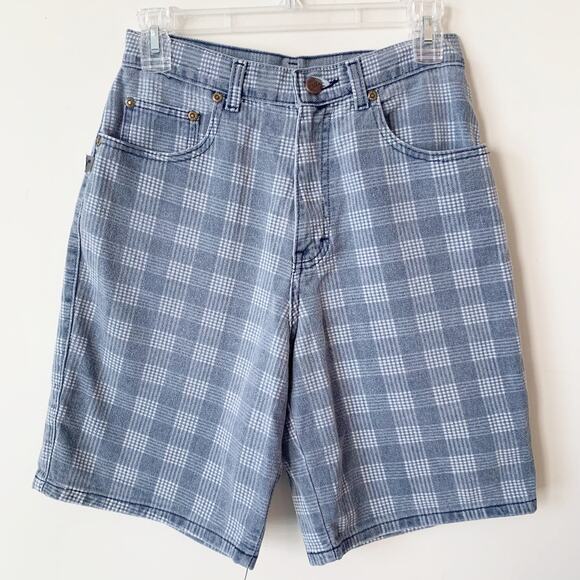 Vintage Sasson Jean Shorts Size 9 High Rise Plaid Blue Denim Check USA Made Mom - Picture 1 of 6